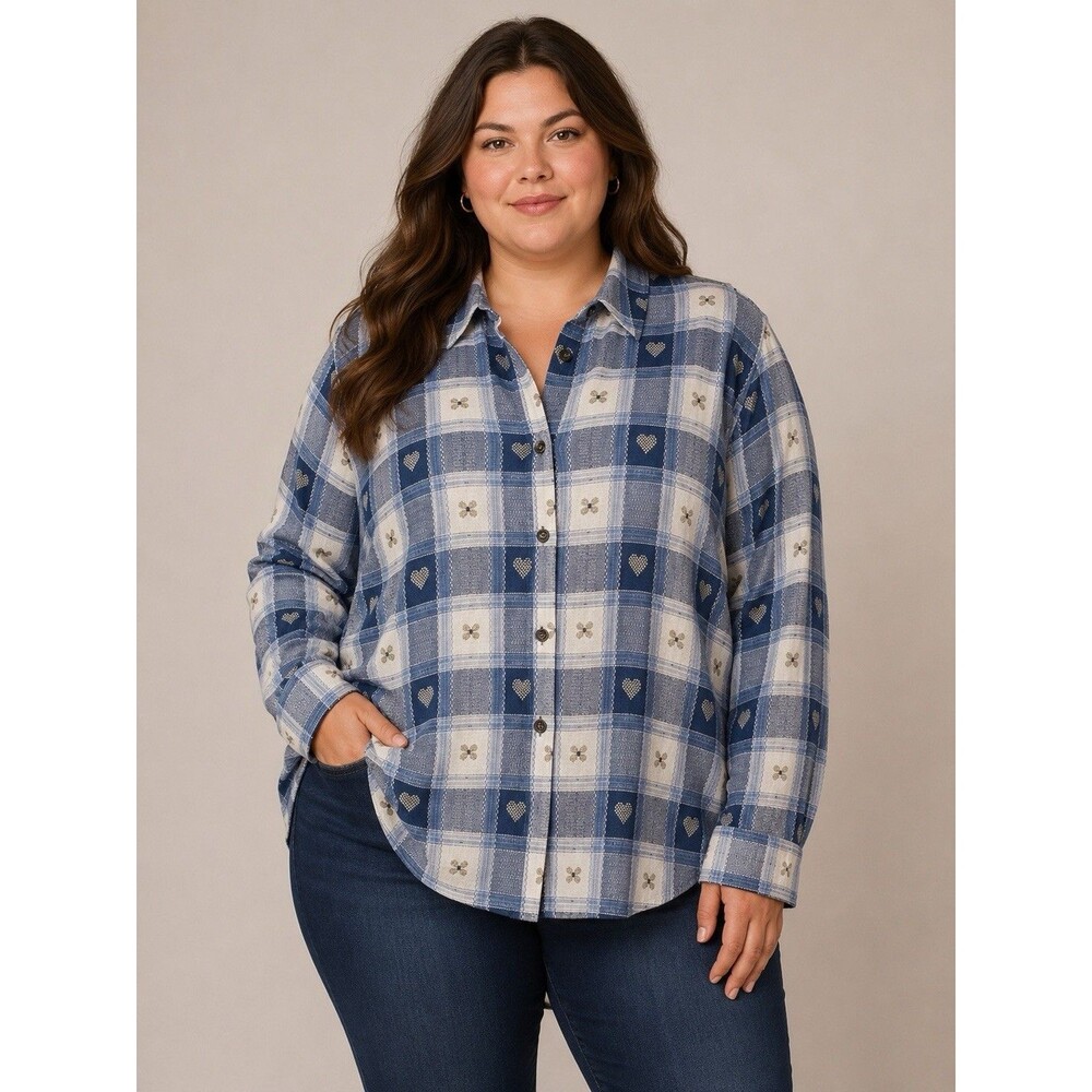 Women's Embroidered Blue Shirt 18W Button up Cottagecore Floral Heart Patchwork